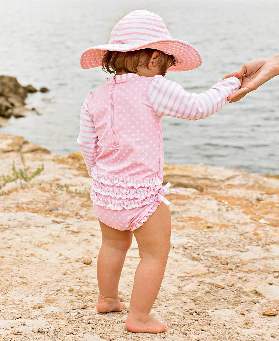 Baby Girls UPF 50+ Sun Protection Polka Dot Long Sleeve One Piece Rash Guard Swimsuit with Zipper