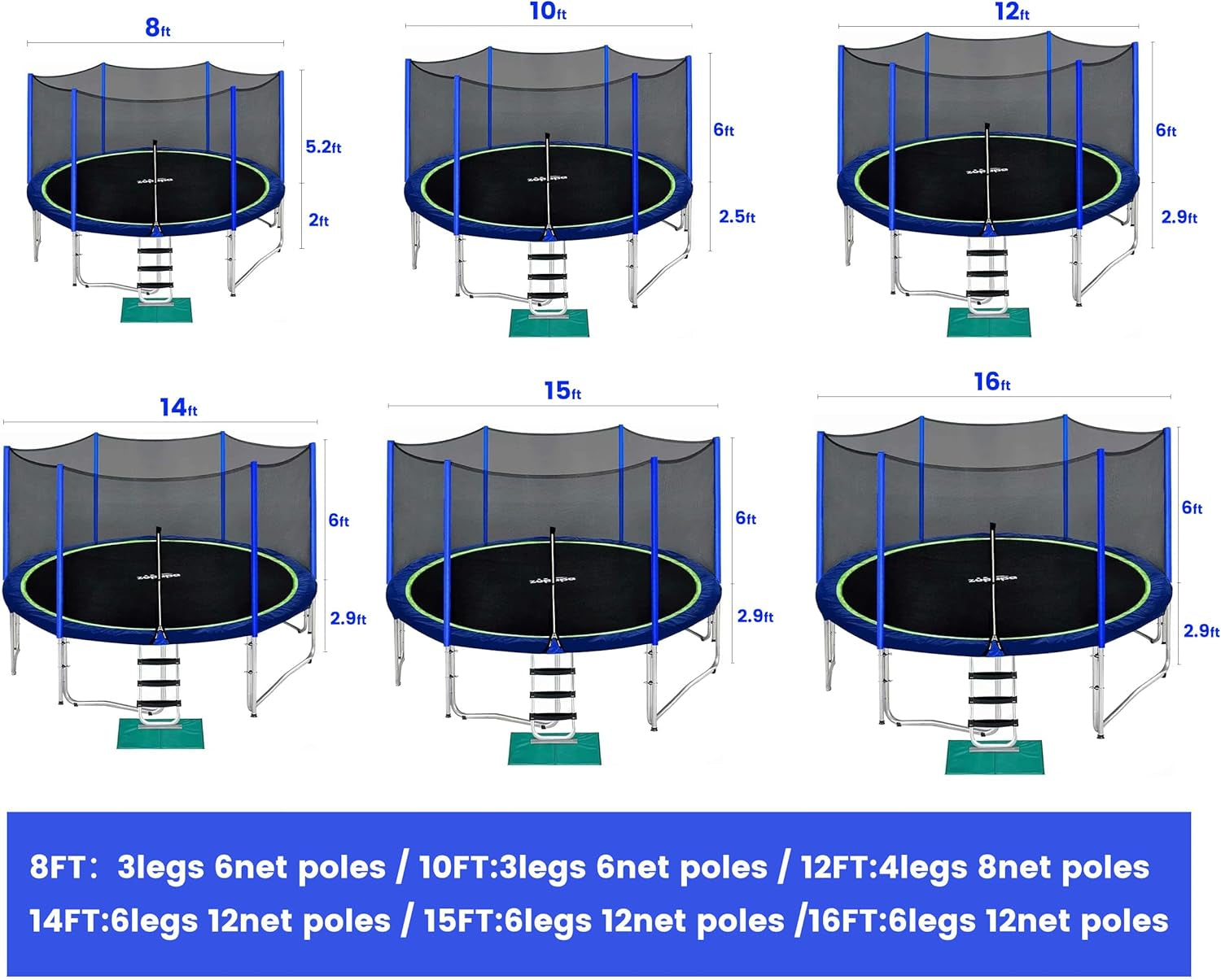 No-Gap Design 16 15 14 12 10FT Trampoline with Safety Enclosure Net and Non-Slip Ladder 10-Year Quality Assurance Perfect for Kids Family Outdoor Backyard Fun