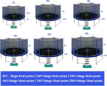 No-Gap Design 16 15 14 12 10FT Trampoline with Safety Enclosure Net and Non-Slip Ladder 10-Year Quality Assurance Perfect for Kids Family Outdoor Backyard Fun
