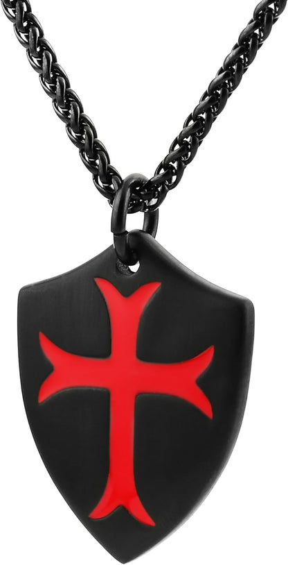 Knights Templar Cross Joshua 1:9 Shield Stainless Steel Pendant Necklace with 22+2 Inch Chain