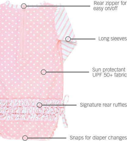 Baby Girls UPF 50+ Sun Protection Polka Dot Long Sleeve One Piece Rash Guard Swimsuit with Zipper