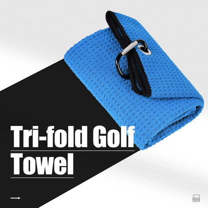 Tri-Fold Golf Towel | 16" X 24" | Premium Microfiber Fabric | Waffle Pattern | with Heavy Duty Carabiner Clip | for Men and Women (Blue)